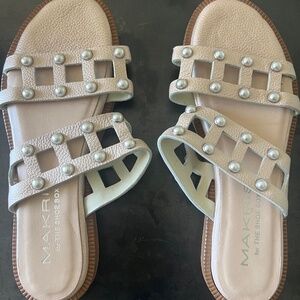 Pearl studded, designer leather, handmade sandals: size 8
